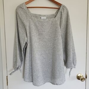 Liz Claiborne Linen Blend Shirt XL Beige And Charcoal Striped Natical Bow Sleeve